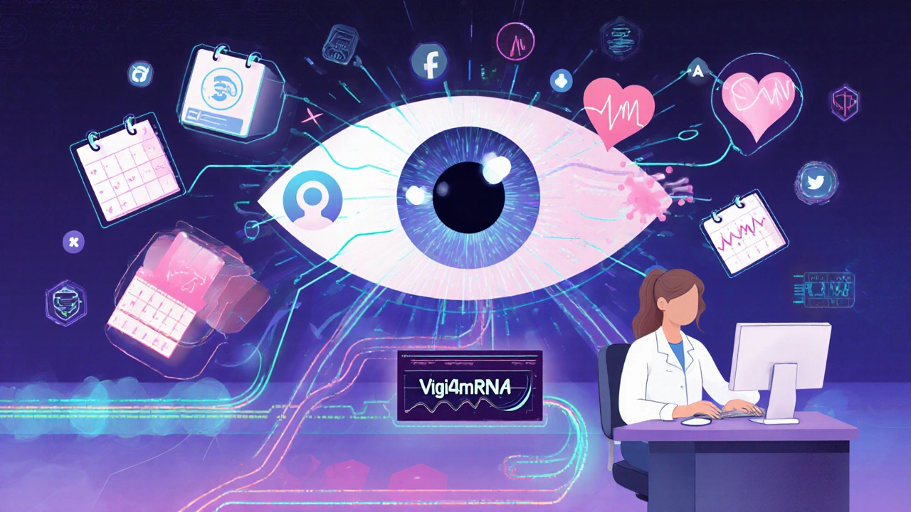 An AI system analyzing social media health patterns, depicted in a futuristic cartoon illustration.