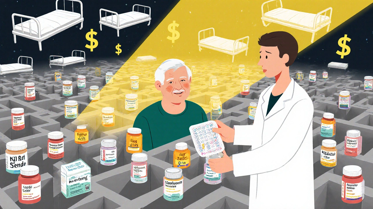 An elderly man surrounded by pill bottles, receiving a simple daily blister pack from a pharmacist.