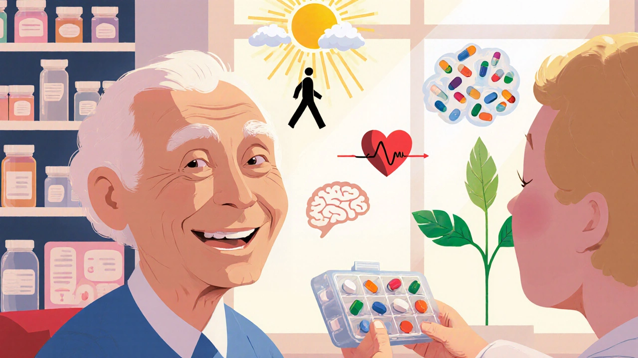 An elderly patient smiling as a pharmacist gently removes pills from an organizer, with sunlight and healthy symbols replacing chaotic drug clouds.