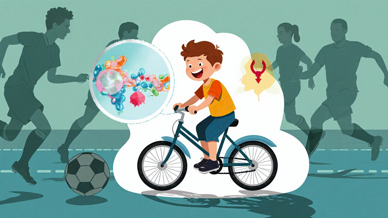 Boy riding bike with protective clotting factor chain casting over his joints