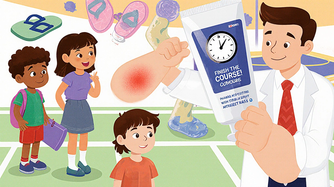 Children in a schoolyard, one with ringworm, a doctor holding a giant antifungal cream tube.