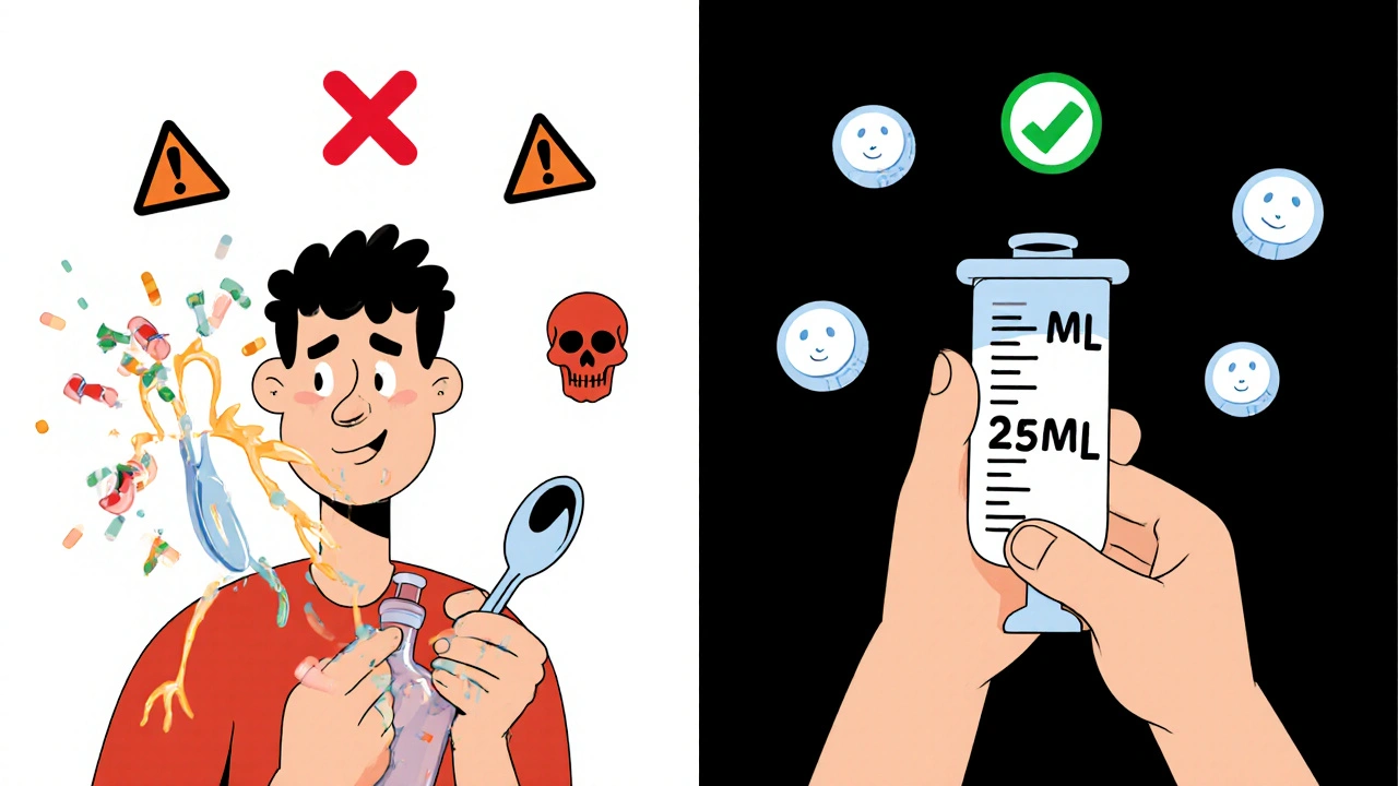 Comparison of unsafe kitchen spoon use vs. safe dosing syringe for liquid medicine in cartoon illustration.