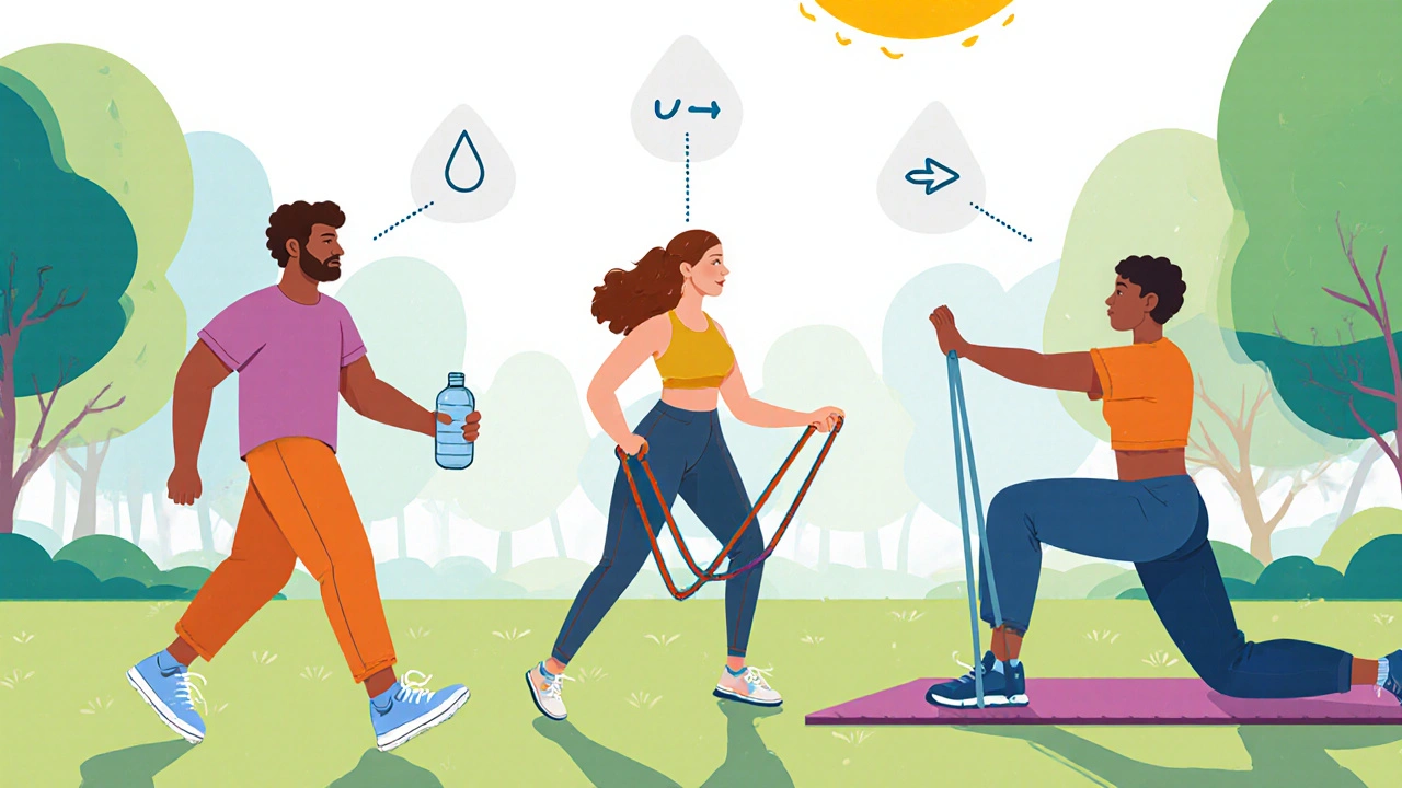 Diverse group doing gentle exercises in a park with icons for hydration, slow motion, and breathing.