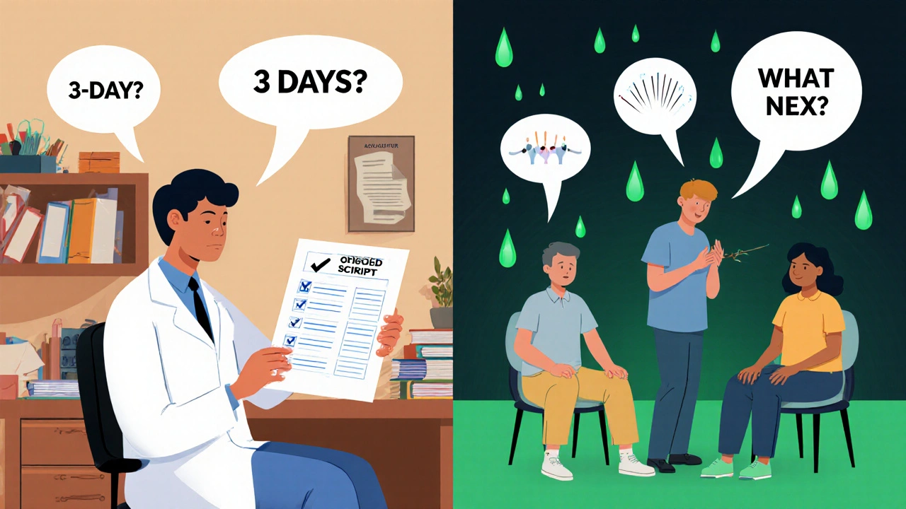 Doctor reviewing chart with split view: 3-day opioid script vs. patient doing therapy, acupuncture, and counseling in warm tones.