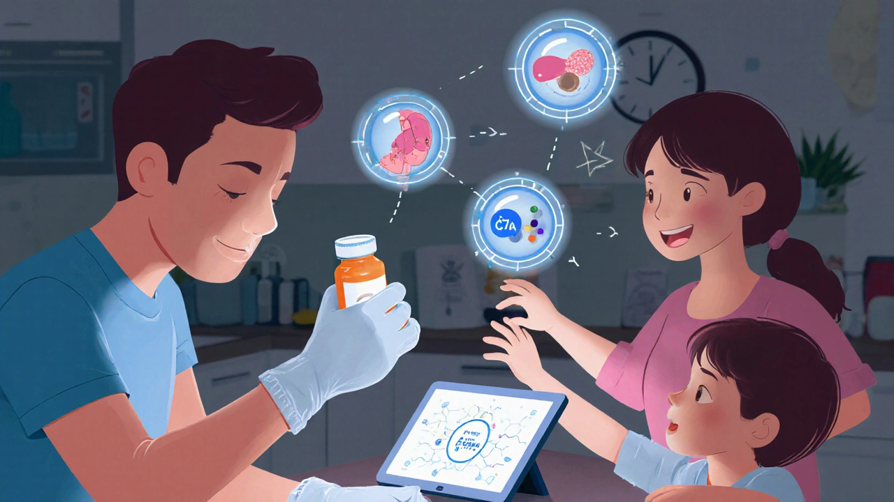 Family in kitchen, one wearing gloves to handle chemo pills, with digital tracker and health icons floating nearby.