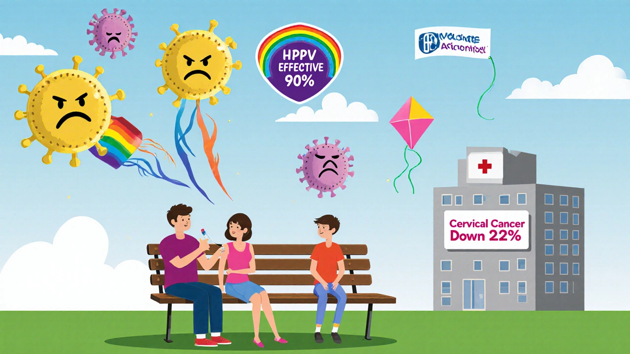 Family vaccinating children as HPV viruses flee under a rainbow shield.