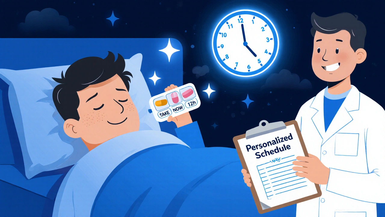 Night-shift worker taking medication on a personalized schedule with a helpful pharmacist guide.