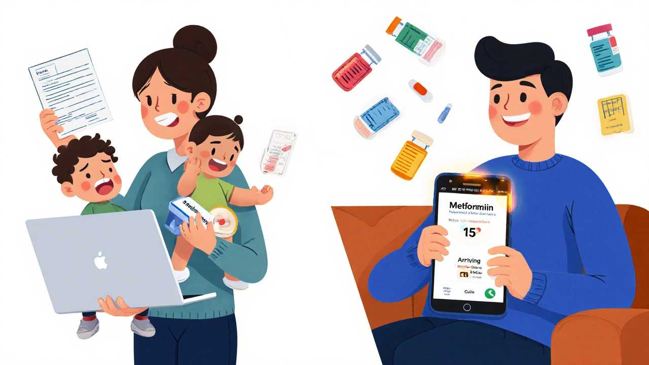 Parent relaxing with pill organizer while delivery tracker shows arrival in minutes.