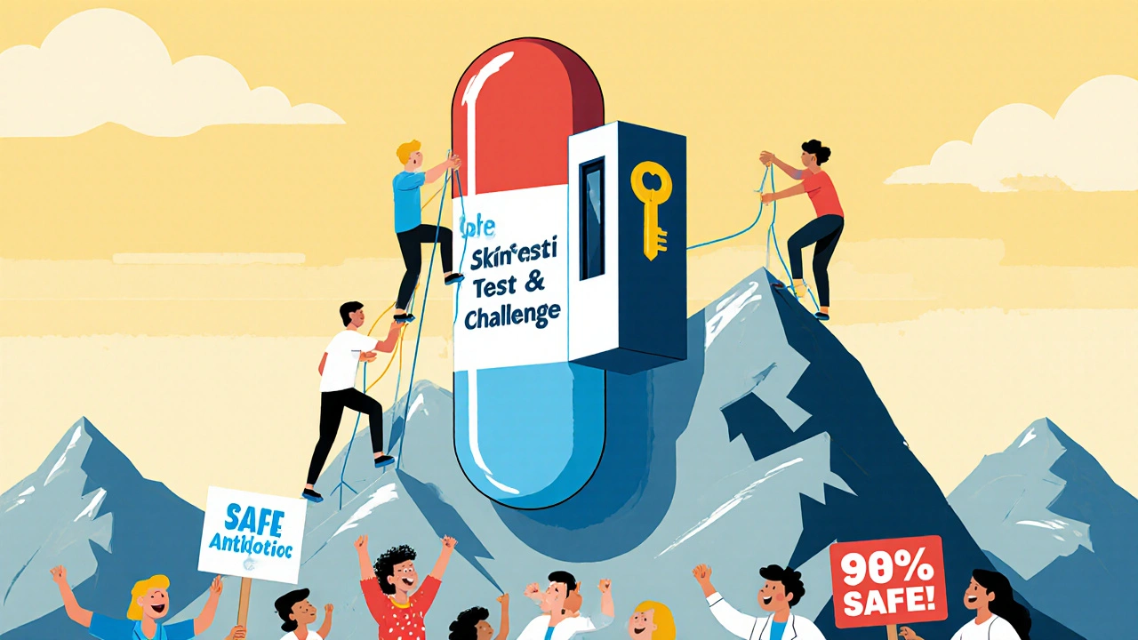 Penicillin pill as a mountain with people using risky antibiotics to climb, while one takes a safe elevator.