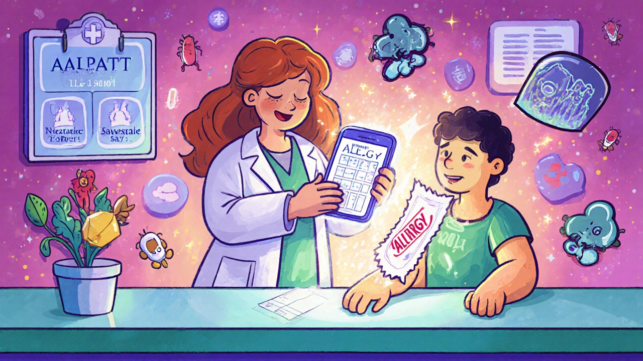 Pharmacist using a smartphone app to remove an allergy label, with positive health icons glowing around.