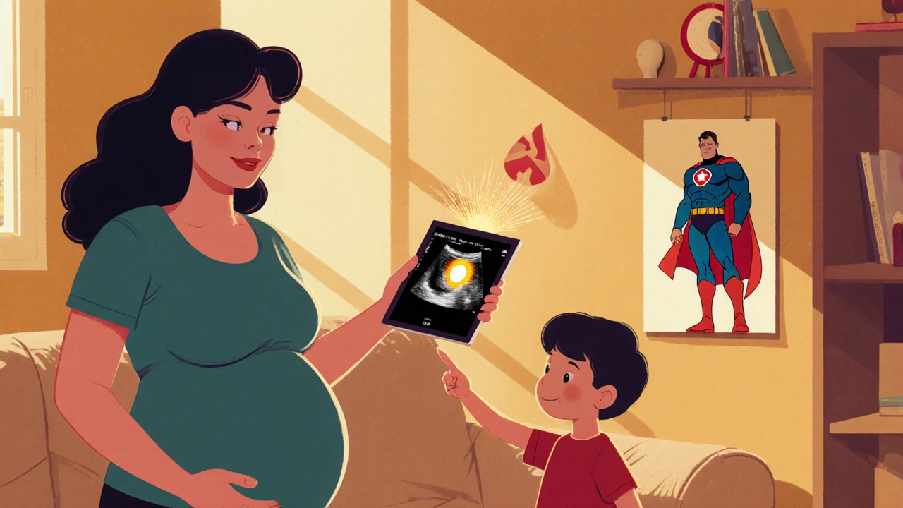 Pregnant woman with ultrasound showing genetic marker, child pointing at superhero poster