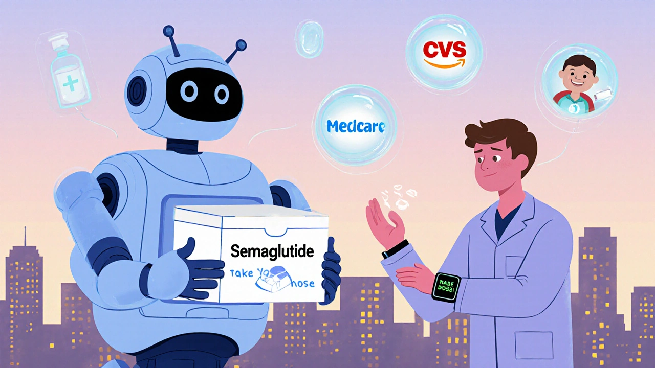 Robot delivery service bringing insulin box to young adult with smartwatch reminder.