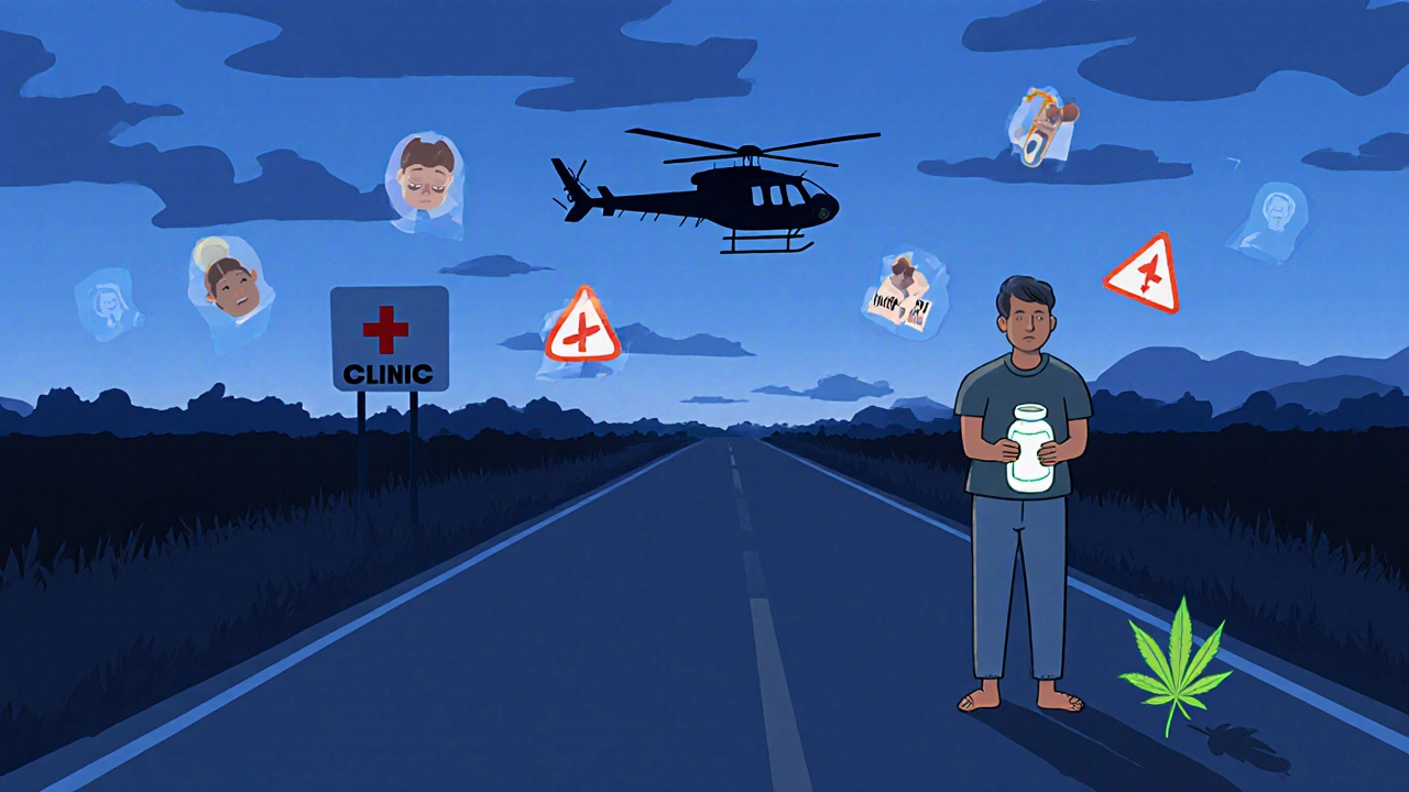 Rural patient at dusk with empty pill bottle, distant clinic and helicopter, CBD plant glowing nearby under fading opioid warnings.