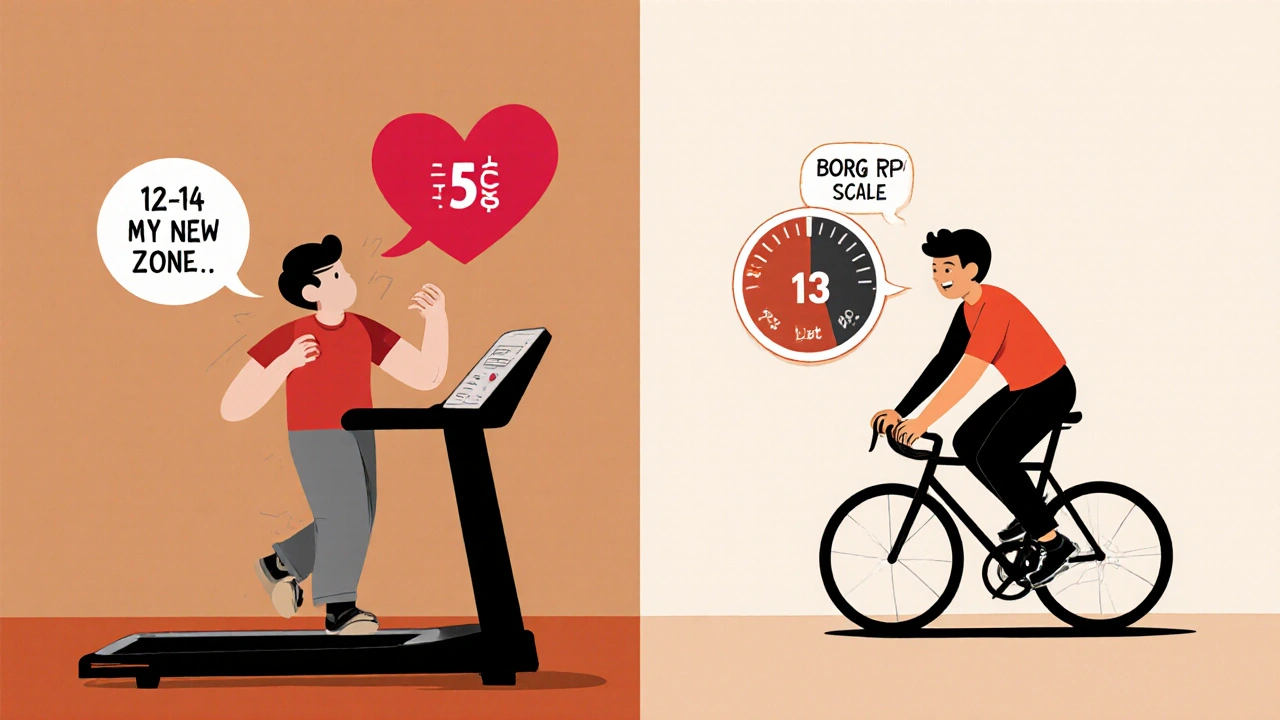 Split scene: one person stressed on a treadmill, another calm cycling with a perceived effort scale visible.