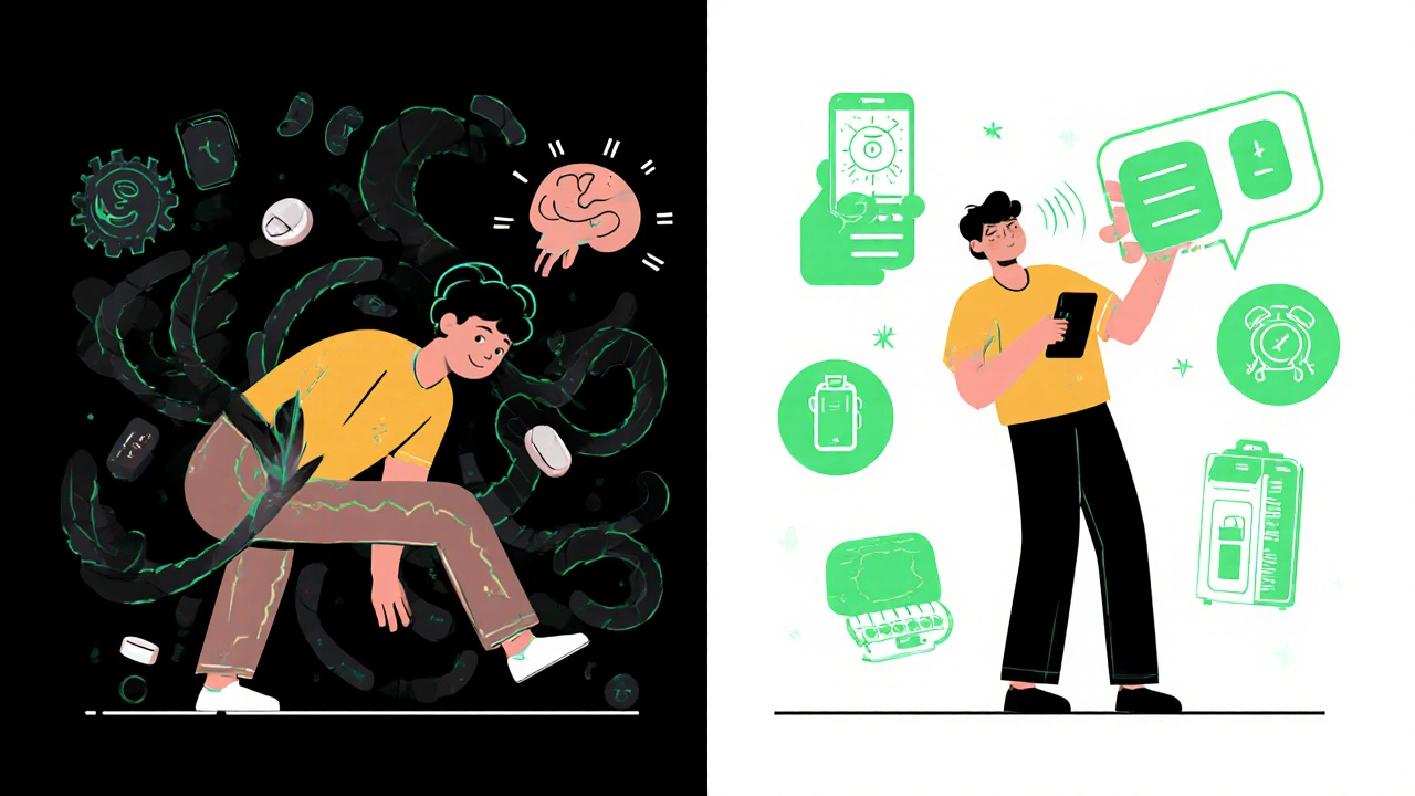 Split scene: one side shows collapse from missed meds, the other shows health with support tools.