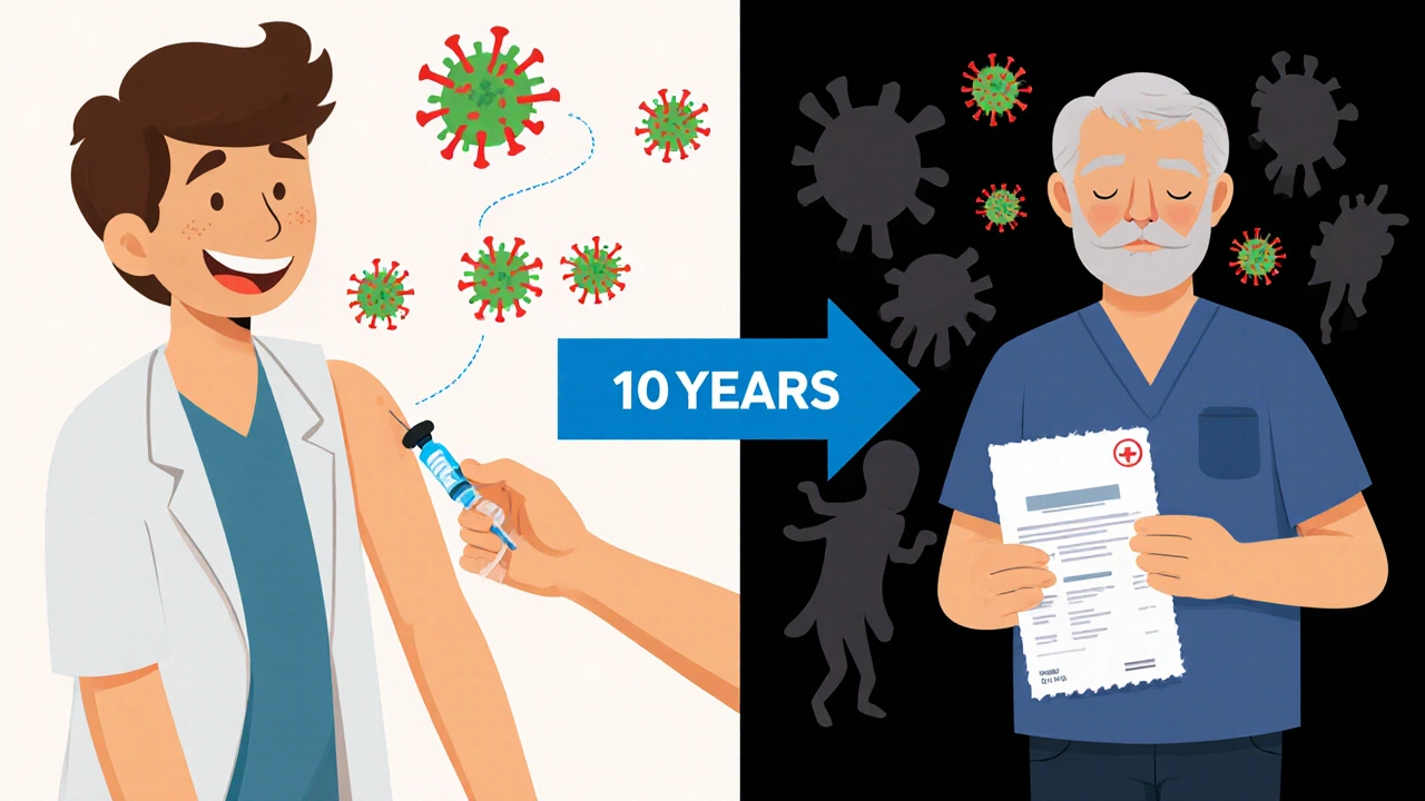 Teen getting vaccinated vs. older man facing cancer bills, timeline comparison.