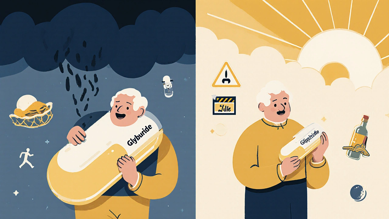 Two elderly figures comparing sulfonylurea pills: one with storm clouds, one with sunrise, illustrating different hypoglycemia risks.