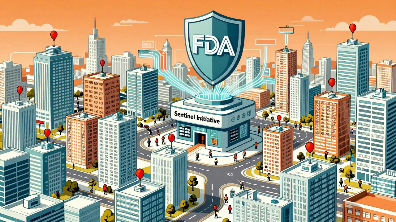 A city built from billing codes with alert balloons and FDA monitoring shield.