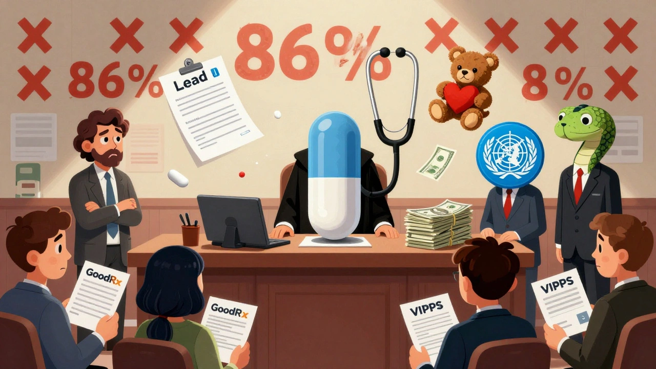 A counterfeit pill on trial in a surreal courtroom with medical symbols as judges and jurors.