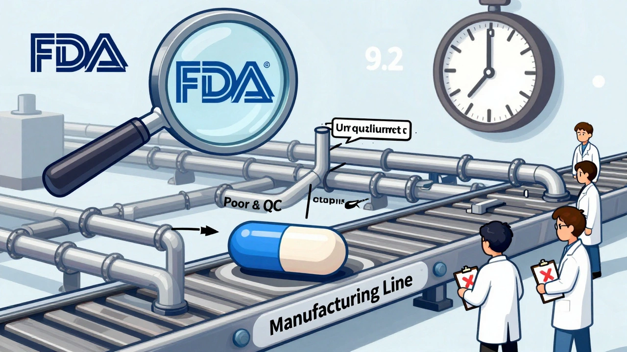 A generic tablet stuck in a manufacturing maze with quality control problems and a ticking clock.