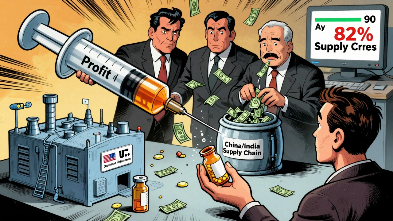 A giant syringe drains profit from a small U.S. drug factory as corporate giants siphon supply to overseas vaults, a patient reaches for an empty bottle.