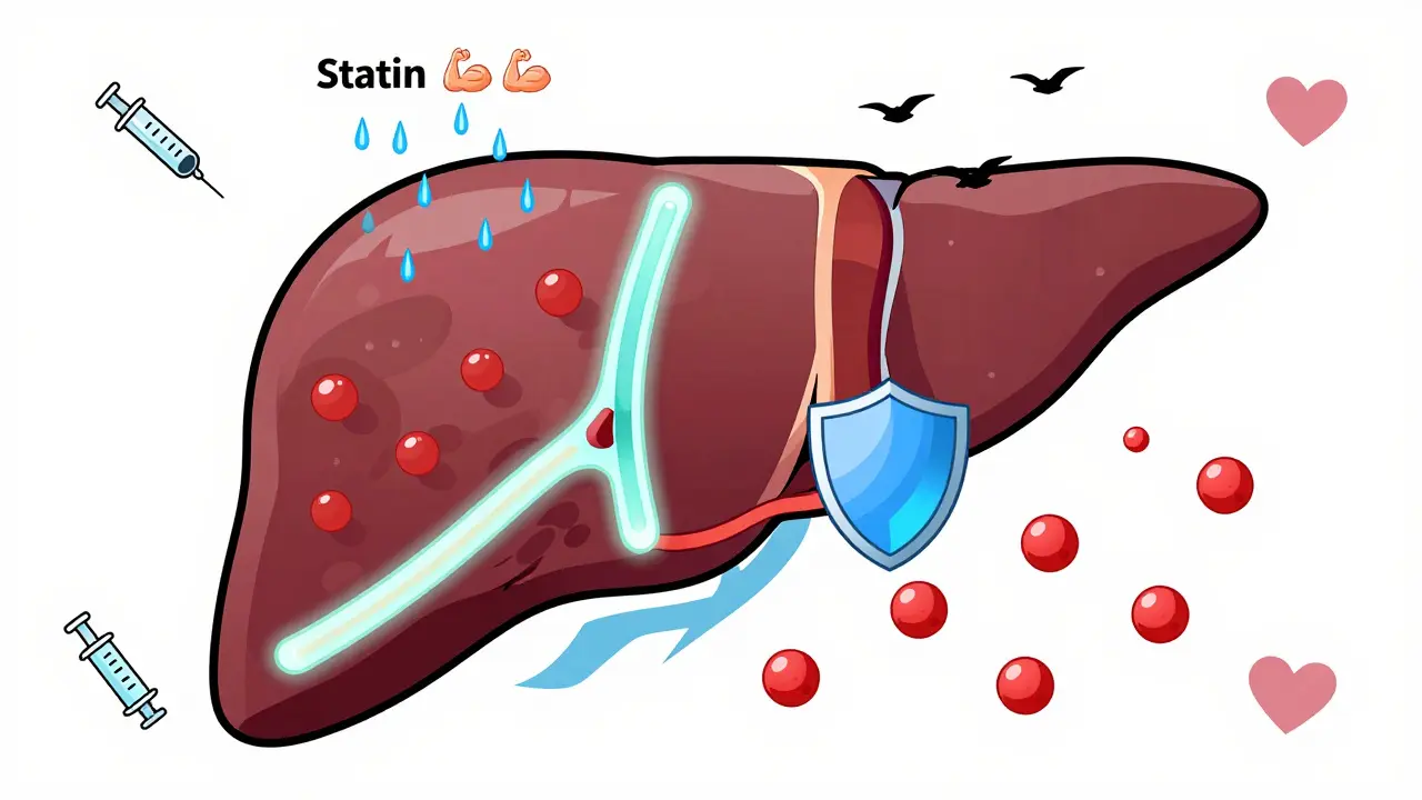 A liver with two pathways: statin blocking enzyme and PCSK9 inhibitor shielding receptors, with LDL molecules being cleared.