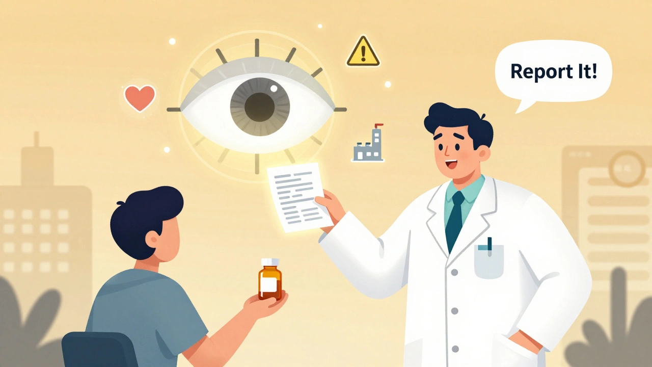 A patient gives a pill to a pharmacist, turning it into a report that flies into a radar eye.