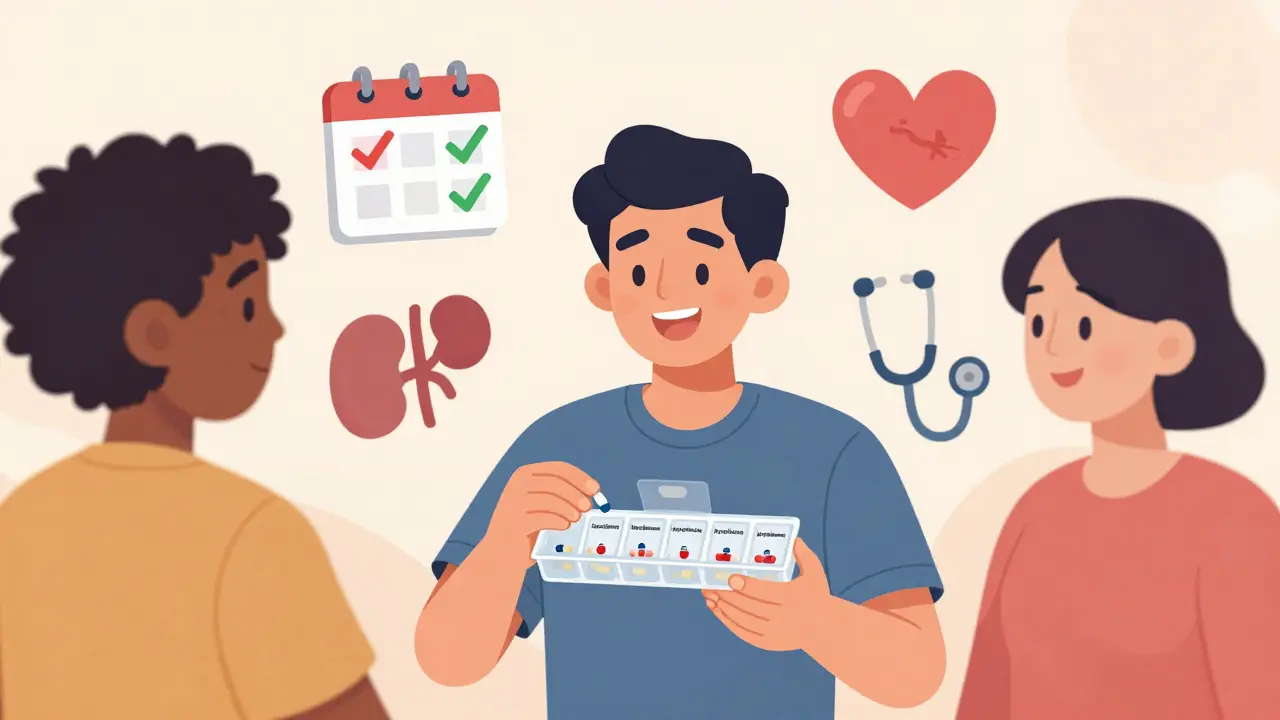 A patient holding a pill organizer with medication icons, surrounded by symbols of health, routine, and medical care in a cheerful cartoon style.