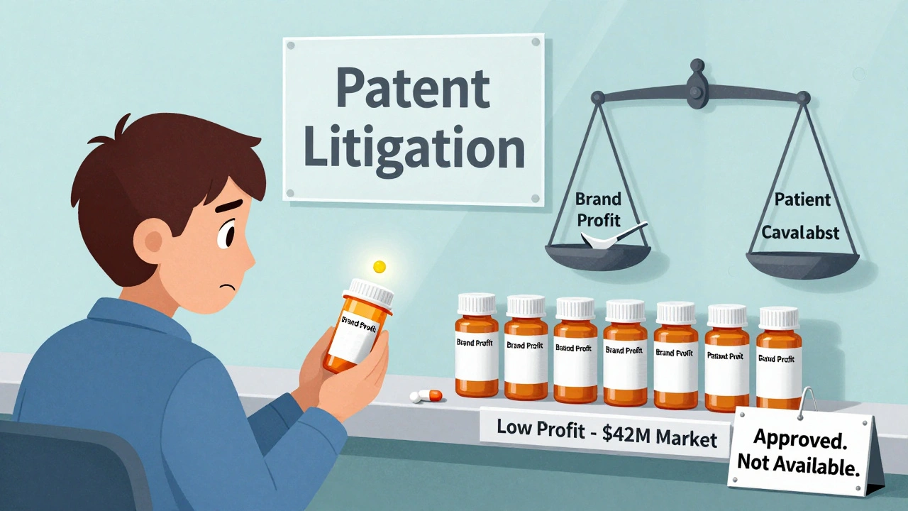 A patient unable to reach an approved generic pill due to patent barriers and low market profit.