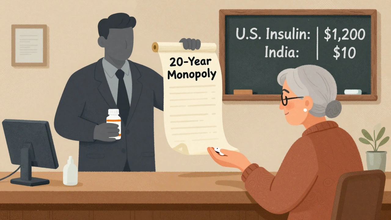 A pharmacist gives a low-cost generic pill to an elderly patient while a patent scroll looms behind.