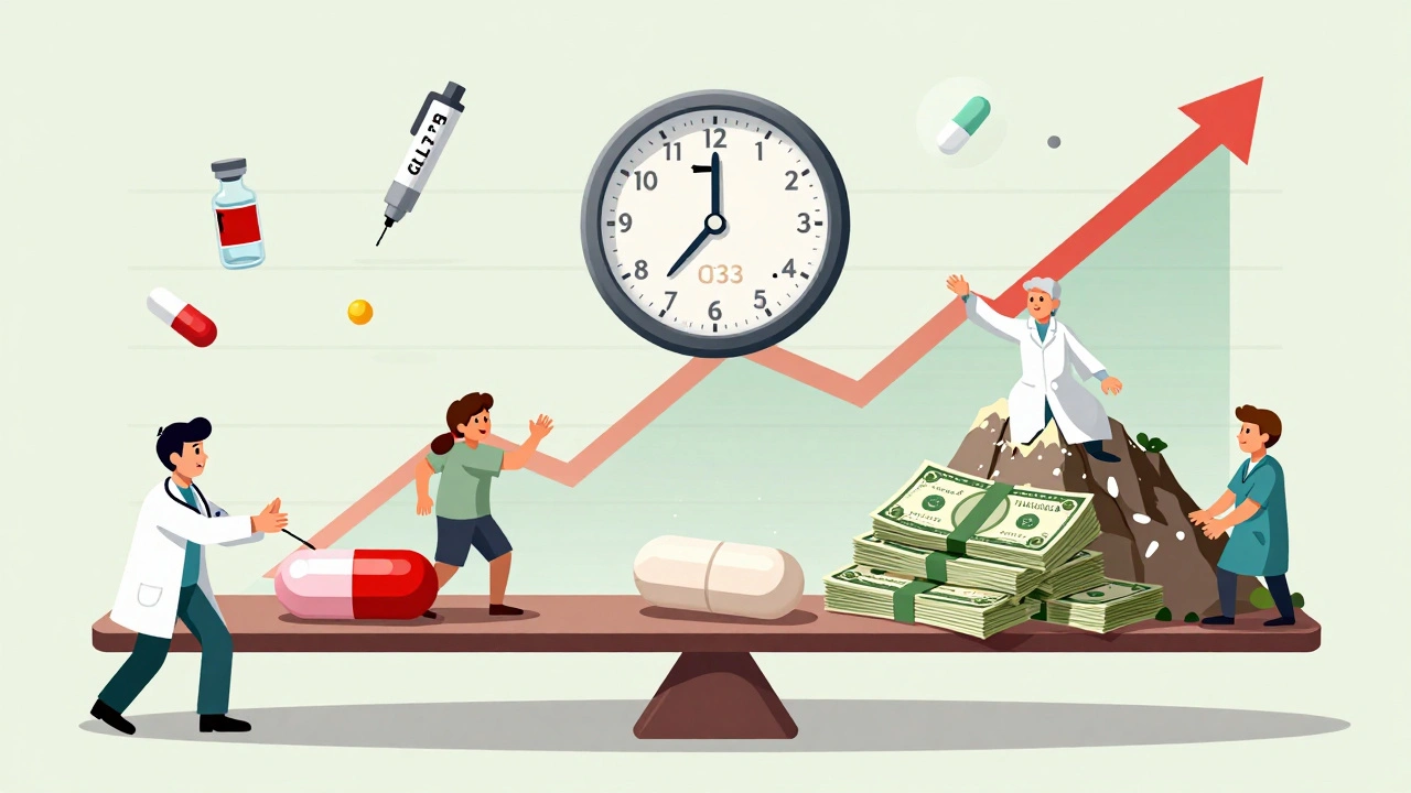 A scale balances a biosimilar pill against a mountain of cash, with rising medical costs in the background.