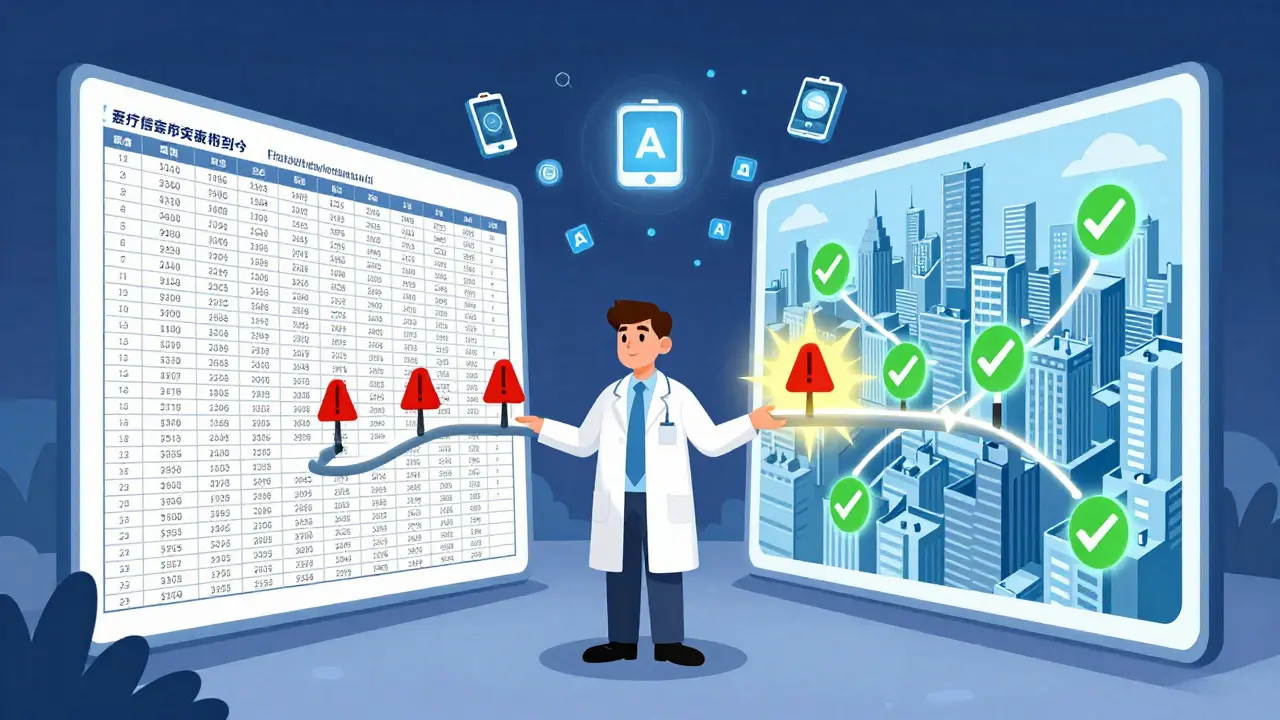 A scientist connecting registry and claims data with glowing bridges to reduce false alarms.