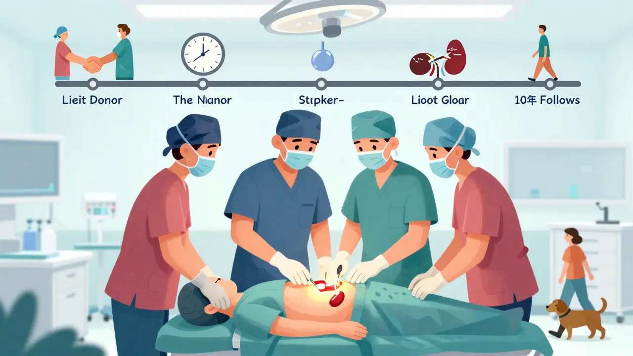 A transplant surgery scene with a glowing kidney being placed, a donor handshake, and a timeline showing long-term recovery in a whimsical, colorful illustration.