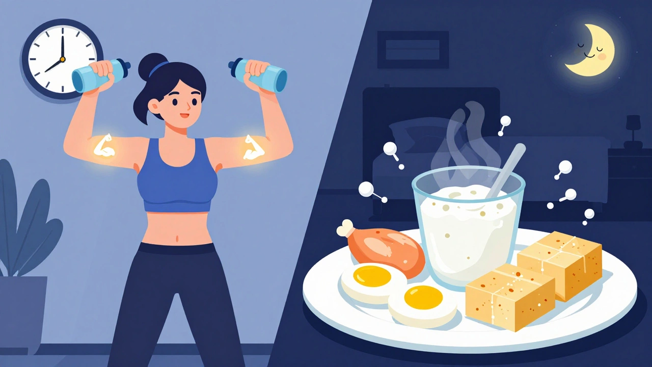 A woman trains with water bottles while eating protein-rich meals, with sleep and muscle icons glowing in a soft illustrated scene.