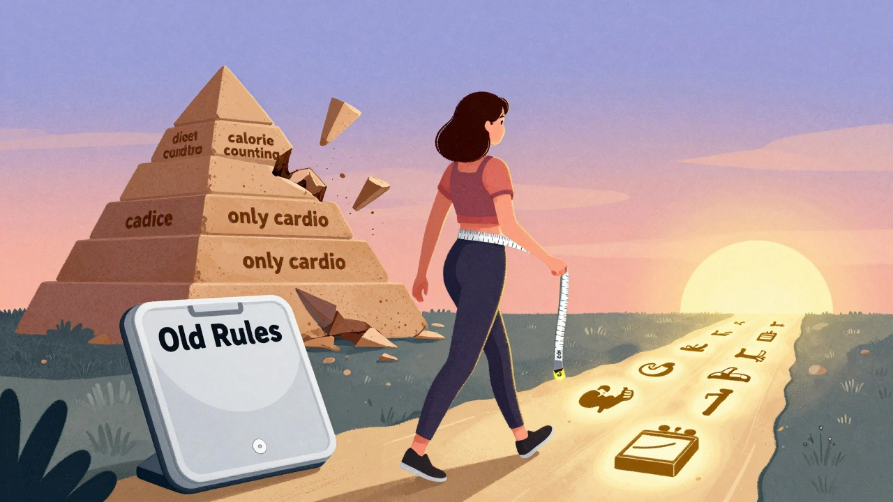 A woman walks away from an old diet scale toward a path of strength, protein, and sleep, measuring her waist with confidence.