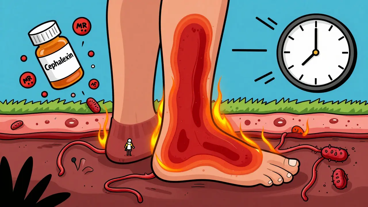 Adult with spreading red leg infection, hidden cut, MRSA bursting from shattered pill bottle.