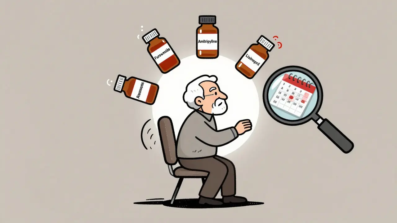 An elderly person wobbling as medication bottles emit dizzy spirals, with a calendar tracking symptoms nearby.