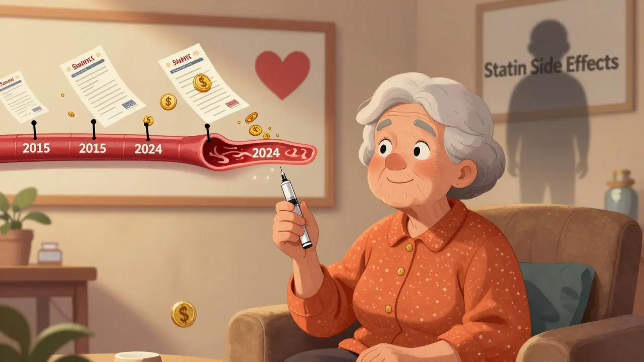 An elderly woman injecting PCSK9 medication with a timeline of progress and fading statin side effects in background.