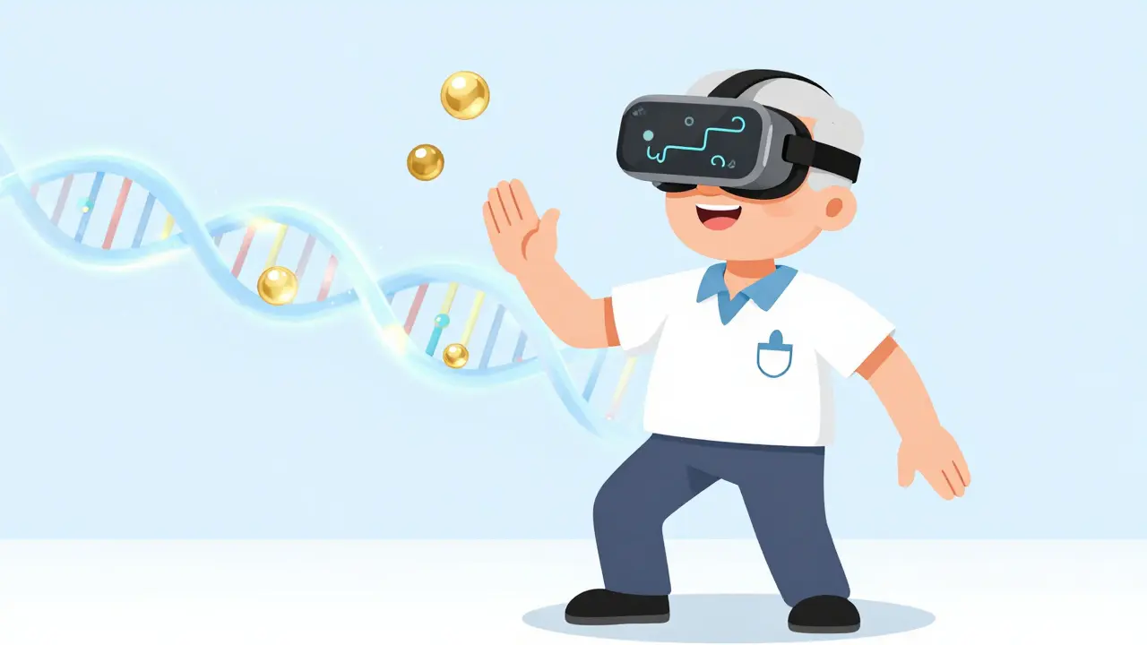 An older adult using VR for balance therapy while a glowing DNA strand pulses, symbolizing personalized medicine.