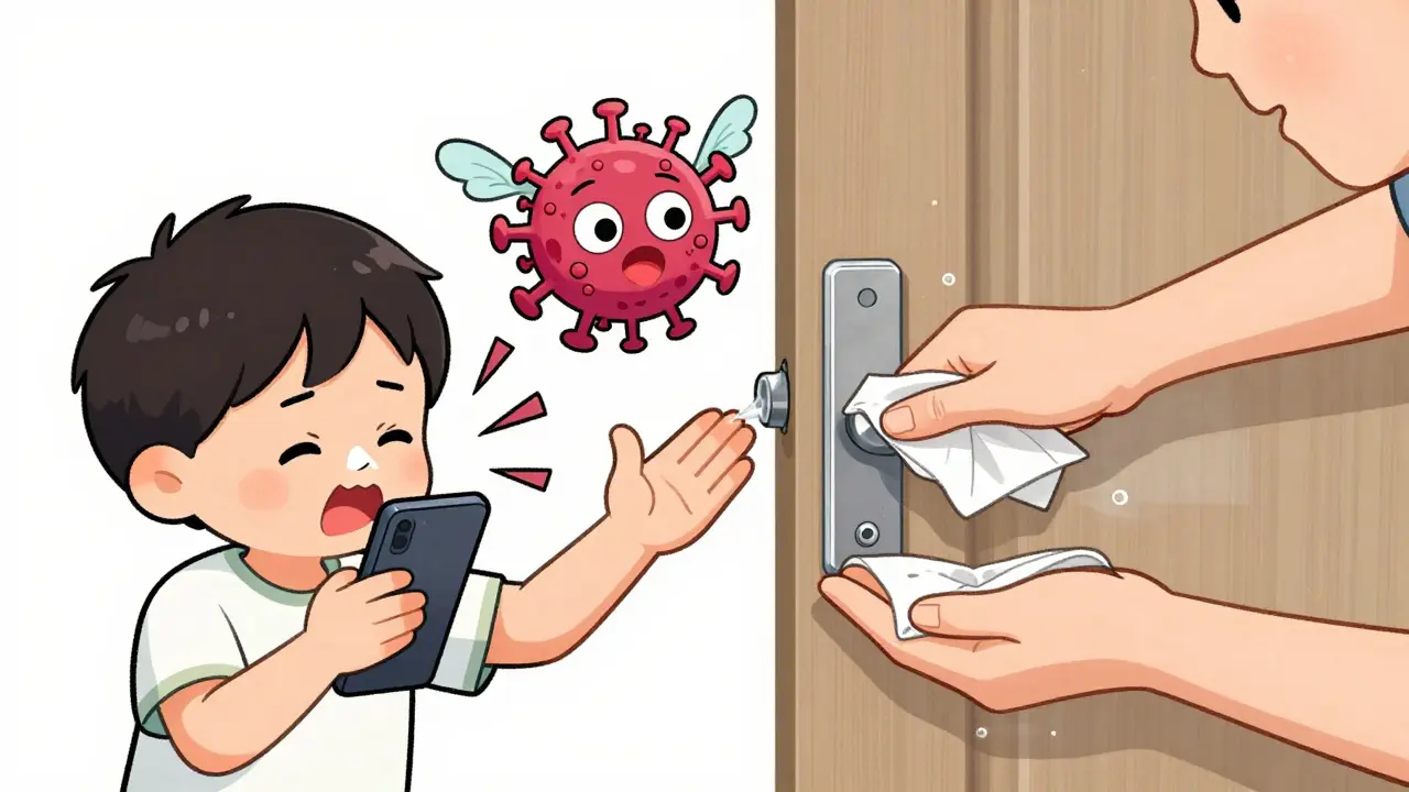 Child sneezes into hand, virus jumps to doorknob, parent wipes it with paper towel and dries child's hands.