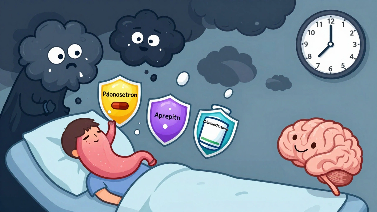 Colorful antiemetic shields blocking nausea monsters from a patient’s stomach, with time passing and storms fading.