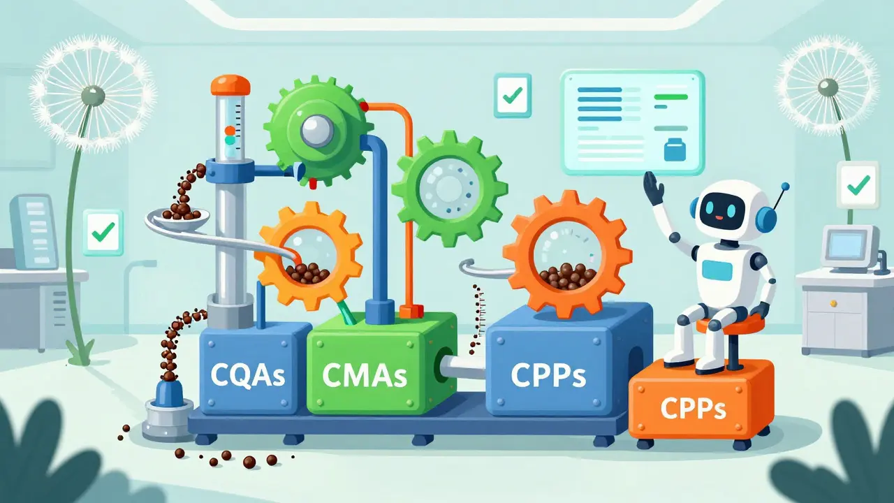 Colorful machine with gears and granules representing the Quality by Design drug development process.
