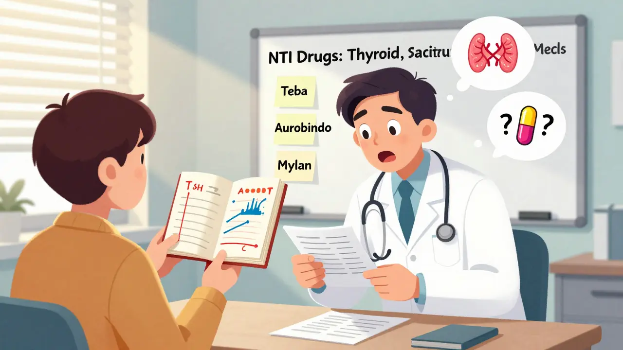 Doctor and patient reviewing medication journal with TSH chart in clinic.