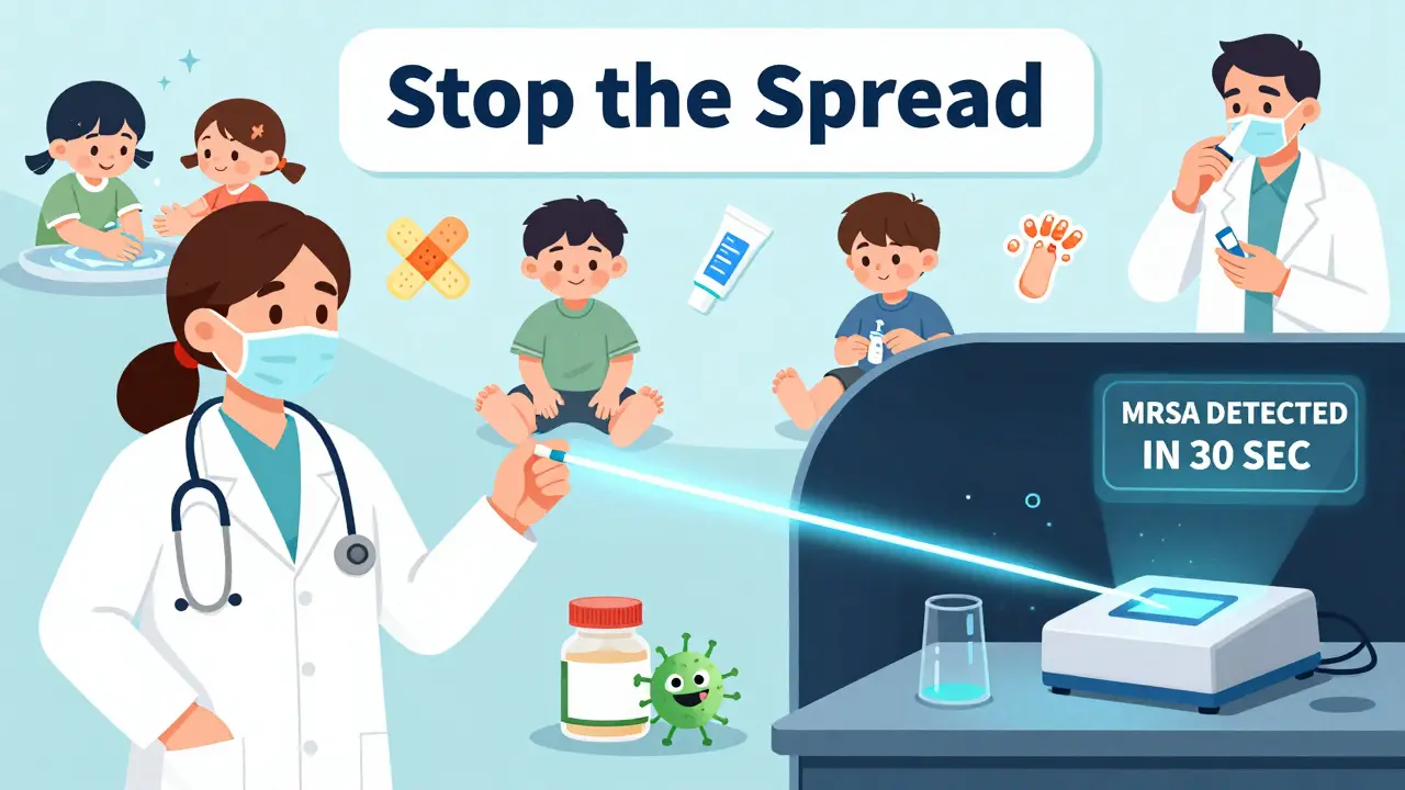 Doctor using rapid test swab, mupirocin curing bacteria, preventive habits shown in background.