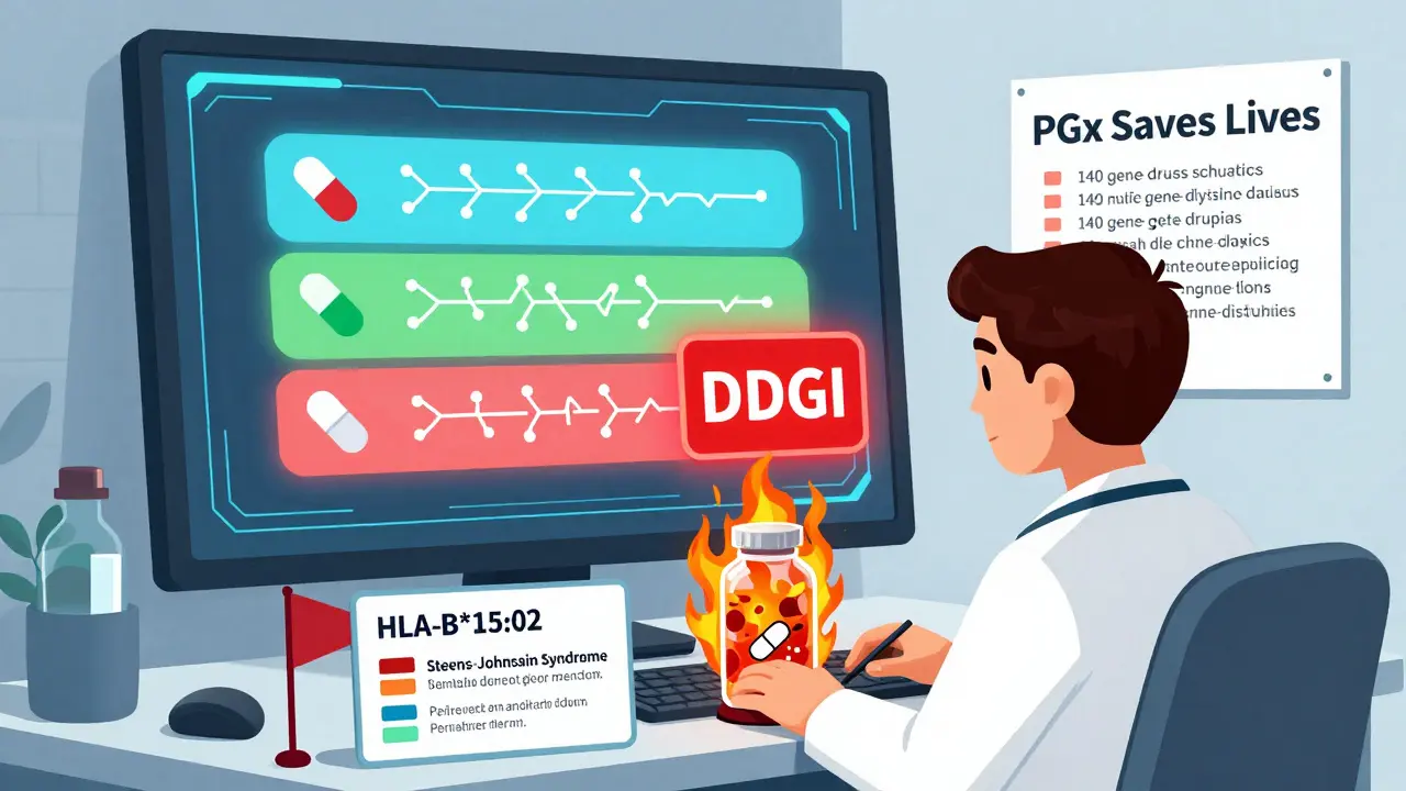 Doctor viewing a screen with genetic drug interaction alerts and a fiery skin reaction warning from a pill.