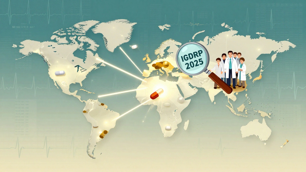 Global map made of pills with light connecting regulated countries under IGDRP initiative.