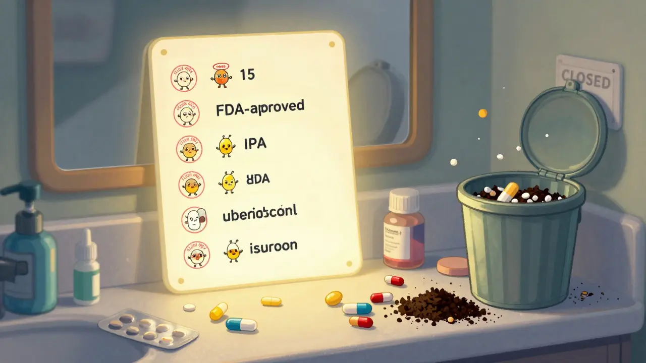 Glowing FDA-approved medications float above a counter, while other pills are safely disposed of in trash with cat litter.