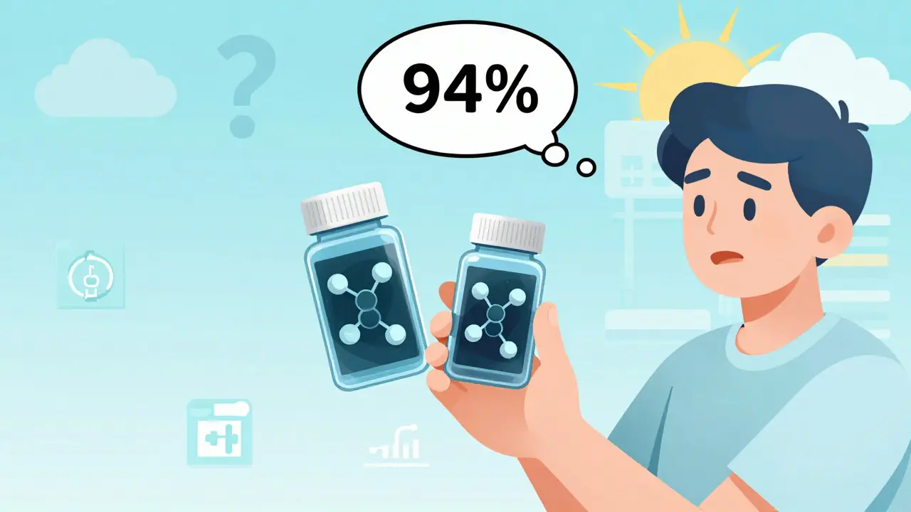 Patient holding pill bottles with transparent view showing same molecular content inside each pill.