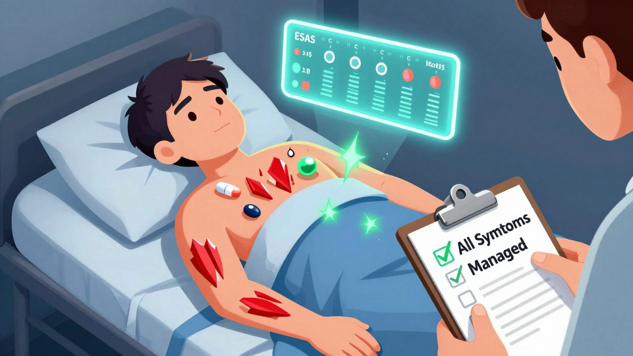 Patient surrounded by different types of pain being calmed by medication and a symptom scale, representing comprehensive pain management.