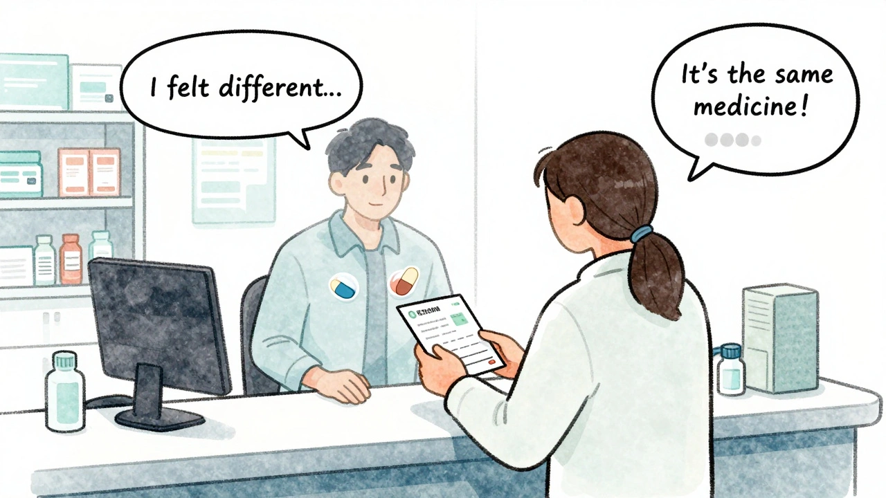 Person at pharmacy with translucent body showing same medicine absorption from different pills.